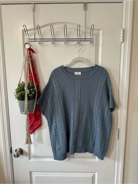 Pretty Persuasions Dusty Blue Cable Knit Short Sleeve Sweater